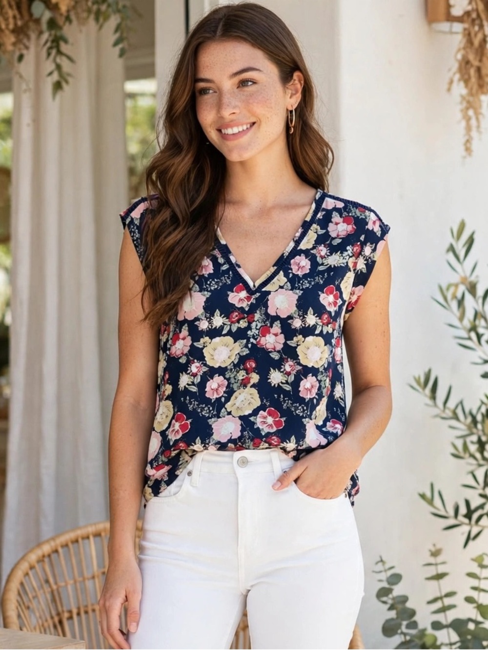 DR2 Navy Sleeveless V-Neck Floral Top with Pink & Cream Blooms